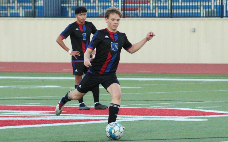 (TC GORDON | THE GRAHAM LEADER) Holton Weatherman is a four-year varsity player for the Steers soccer team and in the final game of his high school career, he opened the scoring for his team with an early goal. He continued to excel all game as Graham went on to beat Burkburnett 3-2. Weatherman is a captain and leader for this team who left a mark on the young soccer program.