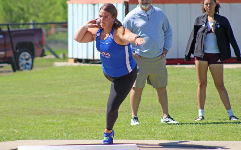 (TC GORDON | THE GRAHAM LEADER) Hallie Gough spins and gets ready to launch her shot put during the district meet a few weeks ago. Gough participated in the area meet and qualified for regionals.