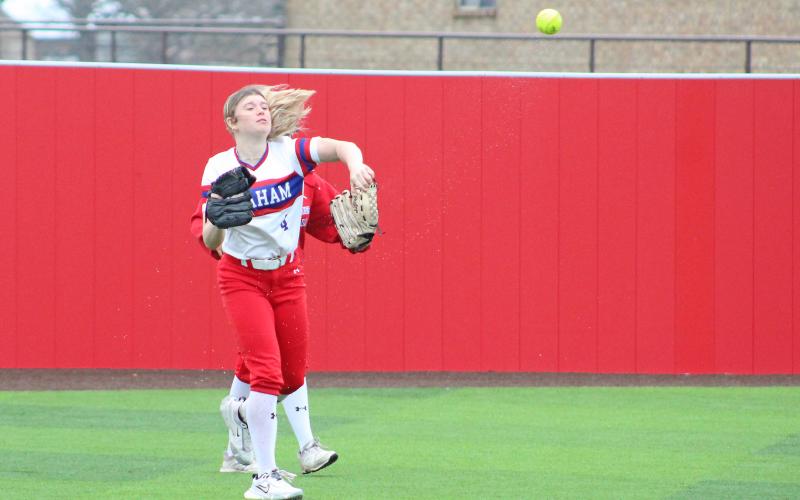 (TC GORDON | THE GRAHAM LEADER) Left fielder Mayci Ryans makes a throw in from the outfield after fielding a ball during one of the team’s earlier games this season. The Lady Blues lost 10-9 to Brownwood in extra innings Friday, April 12.