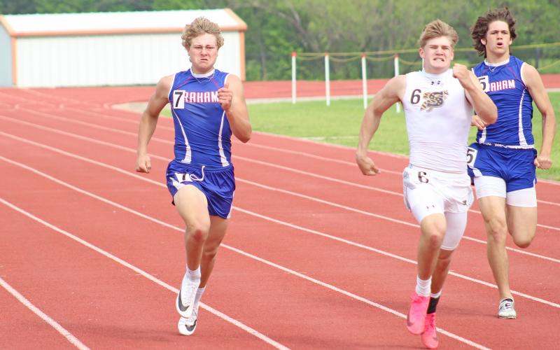 (TC GORDON | THE GRAHAM LEADER) Harison Brockway sprints to the finish line during the 200-meter dash at the district meet a few weeks ago. Graham track and field recently competed in the area meet in Abilene last Friday, April 12.