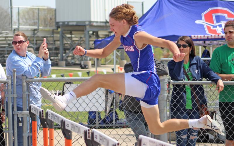(TC GORDON | THE GRAHAM LEADER) Andon Masterfield of Graham easily clears the hurdle during the 110-meter Hurdles event at the Pojo Relays in Springtown last Saturday, March 23.