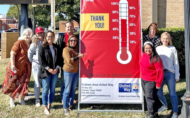 (CONTRIBUTED PHOTO | ISABEL SMITH) Members of Graham Area United Way pose as the organization reached 63% of their $100,000 goal at the beginning of November. The organization is currently over 75% of the way to the goal and is looking for more donations.