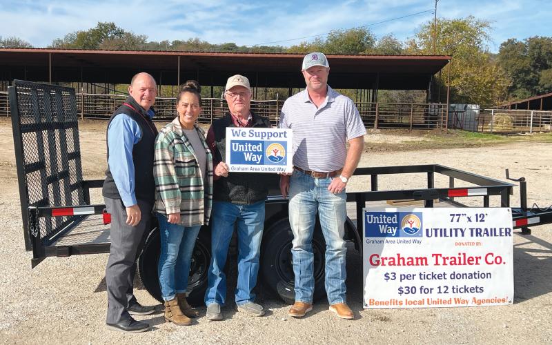 (CONTRIBUTED PHOTO | SUSIE CERECEDEZ) Graham Area United Way  recently hosted a trailer drawing which raised $7,962.29 toward the final goal and pushed them to the near $75,000 mark. Shown from left to right are Sonny Cruse, Ruby Jernigan, Jackey Bishop and trailer winner Jared Hampton.