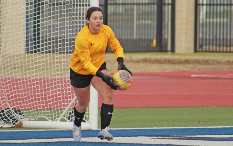 (TC GORDON | THE GRAHAM LEADER) Taylor Lauster is only a sophomore but she had one of her biggest games of the season in the team’s final regular season game against Burkburnett. The teams went to a penalty kick shootout where Lauster had three monumental saves to help her team get the win. She continues to improve and make a difference for the Lady Blues.