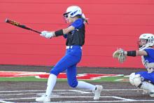(TC GORDON | THE GRAHAM LEADER) Graham’s Kathryn Hughes takes a big swing at the plate during one of the team’s games earlier this season. The Lady Blues lost their district opener at Stephenville 5-4 on a walk-off hit last Friday, March 22.