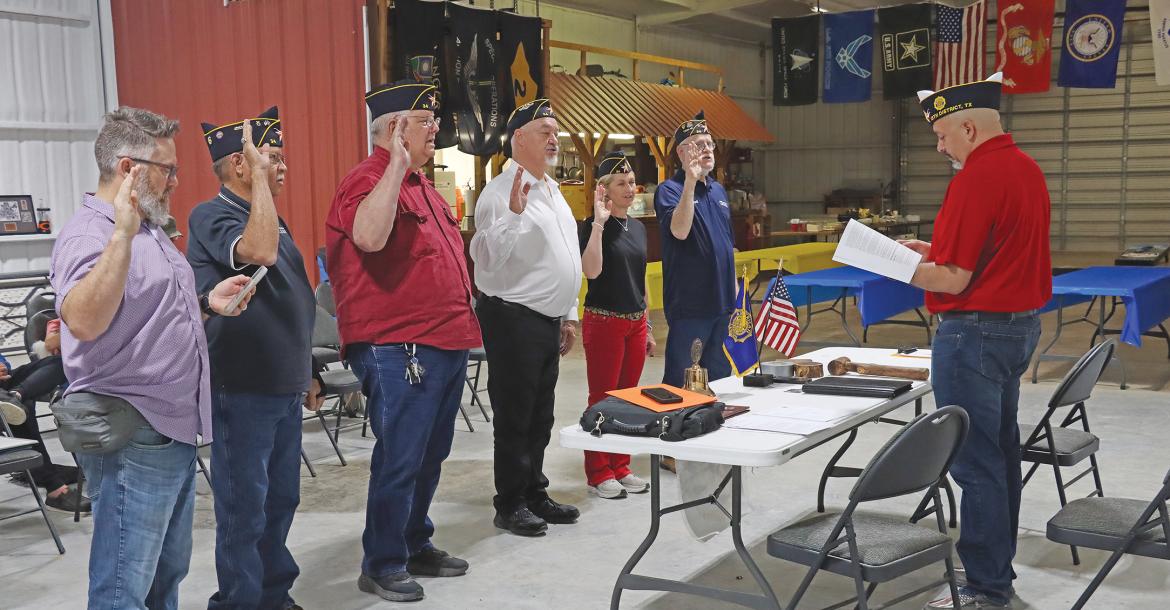 (THOMAS WALLNER | THE GRAHAM LEADER) American Legion Post 34 had its officers installed Saturday, April 27 at the Young County Warrior Ranch by American Legion District 13 Vice Commander Chris Garcia (at right). Shown from left to right are Jim Dorgan, David Gann, Chris Hunnewell, Stan Burnett, Sarah Curd and Bud Lowrance.