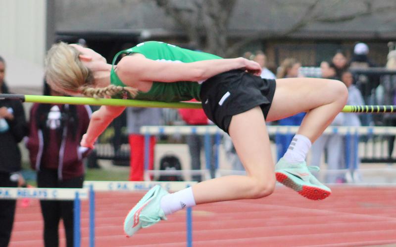 (TC GORDON | THE GRAHAM LEADER) Newcastle’s Aubree Clayton completes one of her high jump attempts at a track and field meet earlier this season. Clayton qualified for the state meet in her event with a wild card selection, where she will compete in Austin over the days of May 2-4.