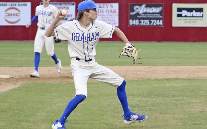 (TC GORDON | THE GRAHAM LEADER) Steers third baseman Levi Jilek fields and ground ball and fires across the diamond to first base to get an out during Graham’s season finale against Mineral Wells last Friday, April 19. The Steers fought hard but took a 4-2 loss.