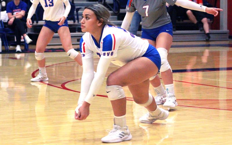 (TC GORDON | THE GRAHAM LEADER) Graduating senior Olga Morales lunges for a ball during a volleyball game in the fall of this past school year. Morales was selected to play in the volleyball game as part of the Big Country FCA All-Star Festival.