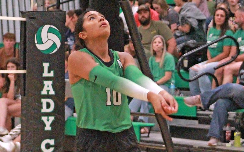 (TC GORDON | THE GRAHAM LEADER) Newcastle senior Mya Cabrera reaches back for a ball to hit it over the net during one of the Ladycats’ volleyball games this past season. Cabrera will participate in the volleyball all-star game as part of the Big Country All-Star Festival this summer.