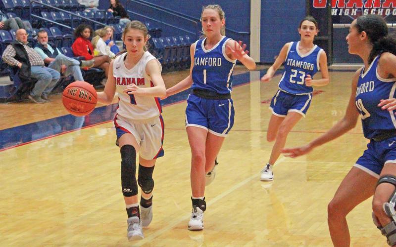 (TC GORDON | THE GRAHAM LEADER)  Senior Madi Wilde drives down the side of the court with the ball during one of the Lady Blues’ home games.